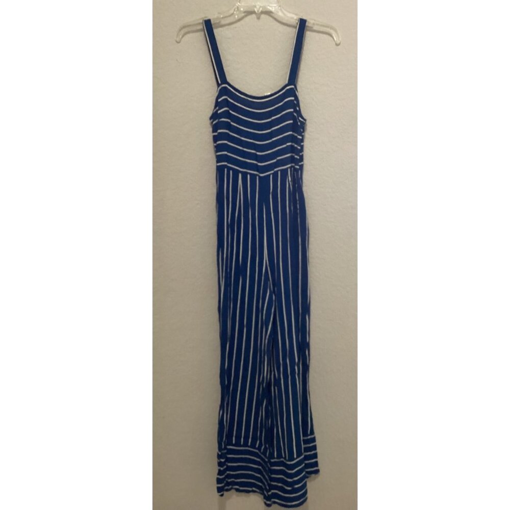 Forever 21 Blue & White Striped Sleeveless Jumpsuit With Wide-Leg Design Size S